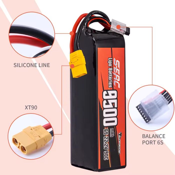 6S Lipo Battery 9500mAh 22.2V 90C XT90 Connector for RC Drone Airplane Quadcopter Helicopter